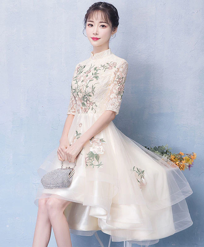 Unique Champagne Tulle Lace Applique Prom Dress, Evening Dress - Deanwangkt