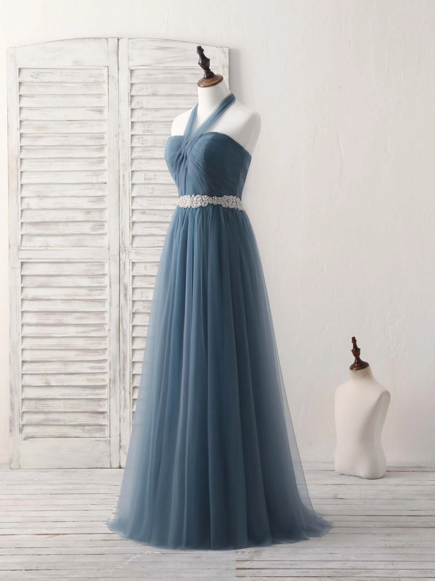 A-Line Gray Blue Tulle Long Bridesmaid Dress Gray Blue Prom Dress - Deanwangkt