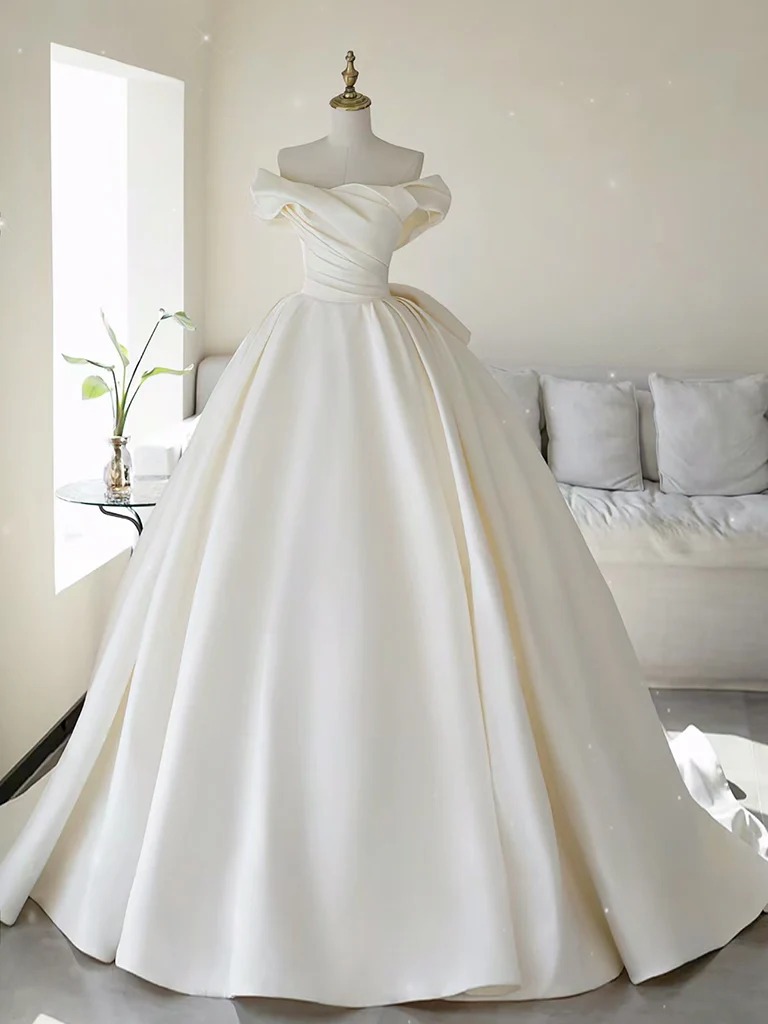 Simple Off Shoulder Satin ivory Long Wedding Dress - Deanwangkt