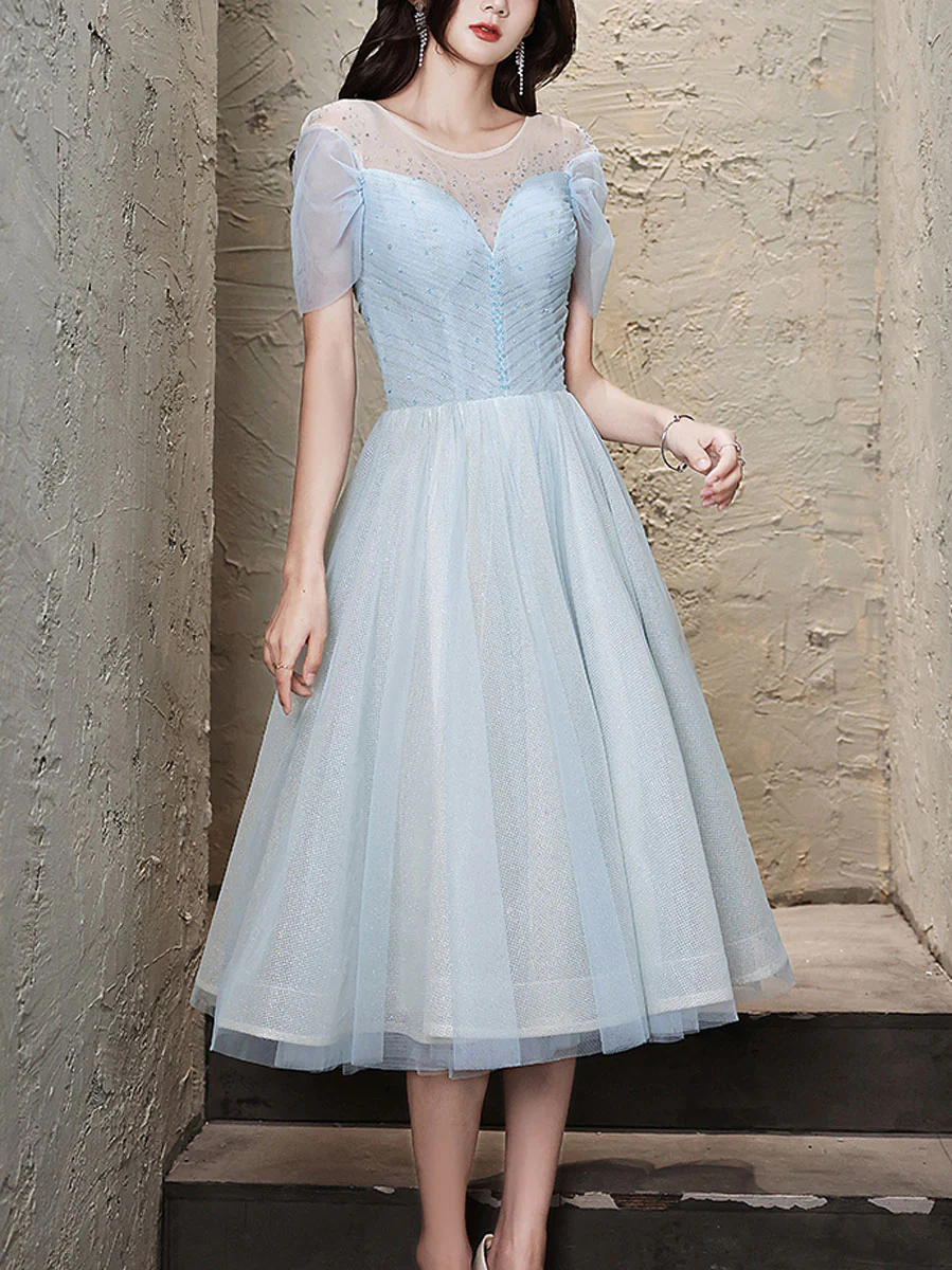 Blue Round Neck Tulle Short Prom Dress, Blue Homecoming Dress - Deanwangkt