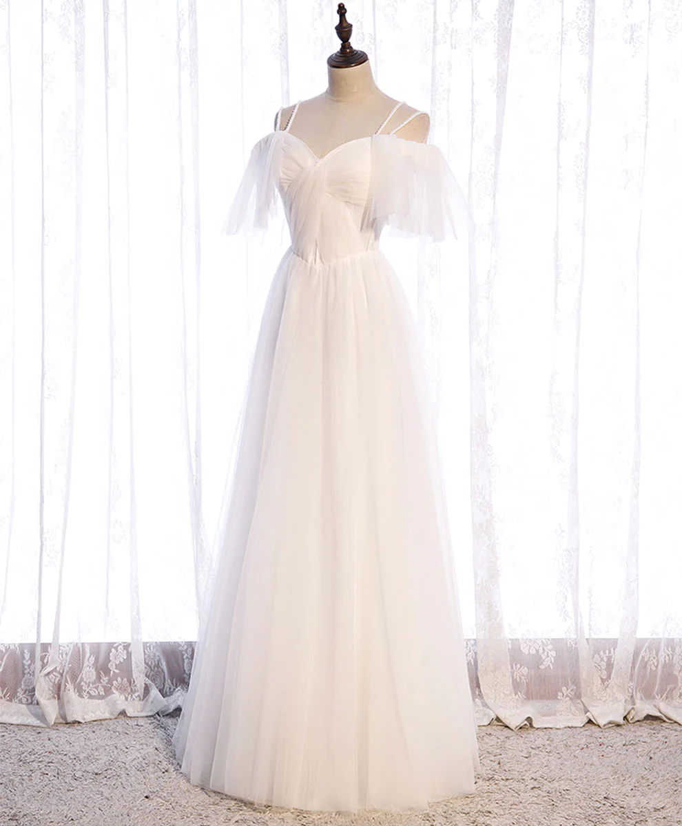White Sweetheart Tulle Long Prom Dress, White Bridesmaid Dress - Deanwangkt