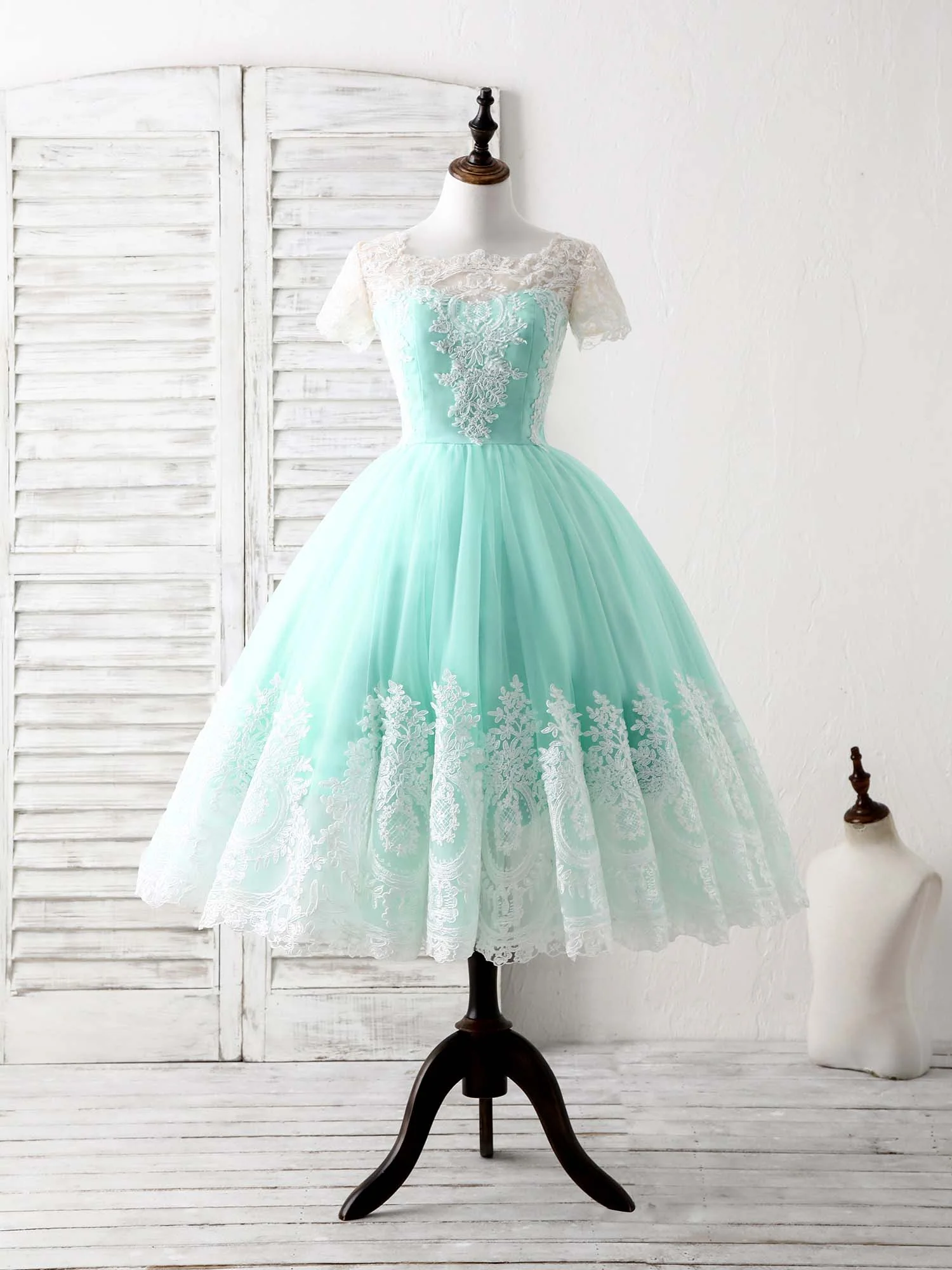 Green Round Neck Lace Applique Tulle Short Prom Dresses - Deanwangkt