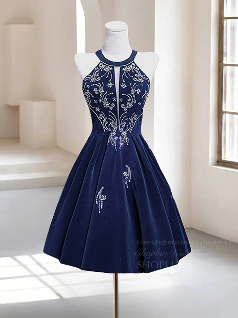 A-Line Velvet Beads Dark Blue Short Prom Dress, Dark Blue Homecoming Dress - Deanwangkt