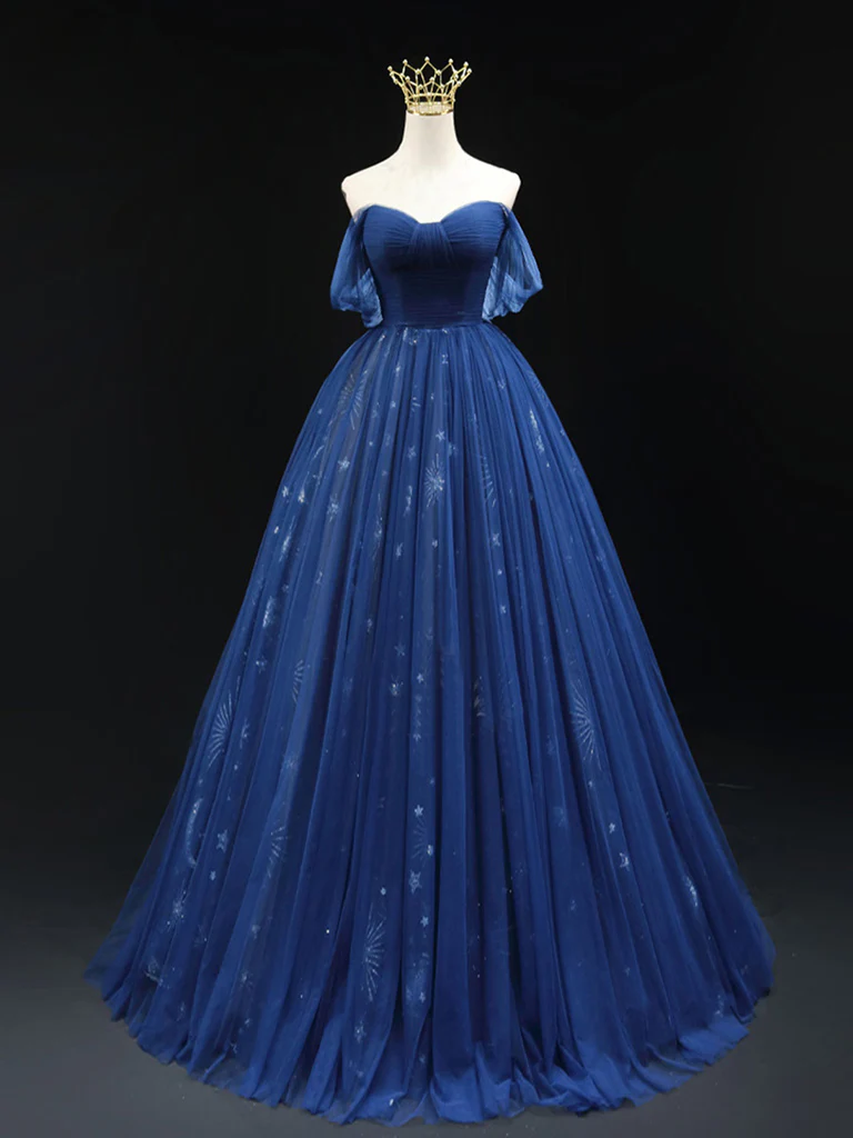 A-Line Off Shoulder Sweetheart Neck Dark Blue Long Prom Dress, Blue Formal Dress - Deanwangkt
