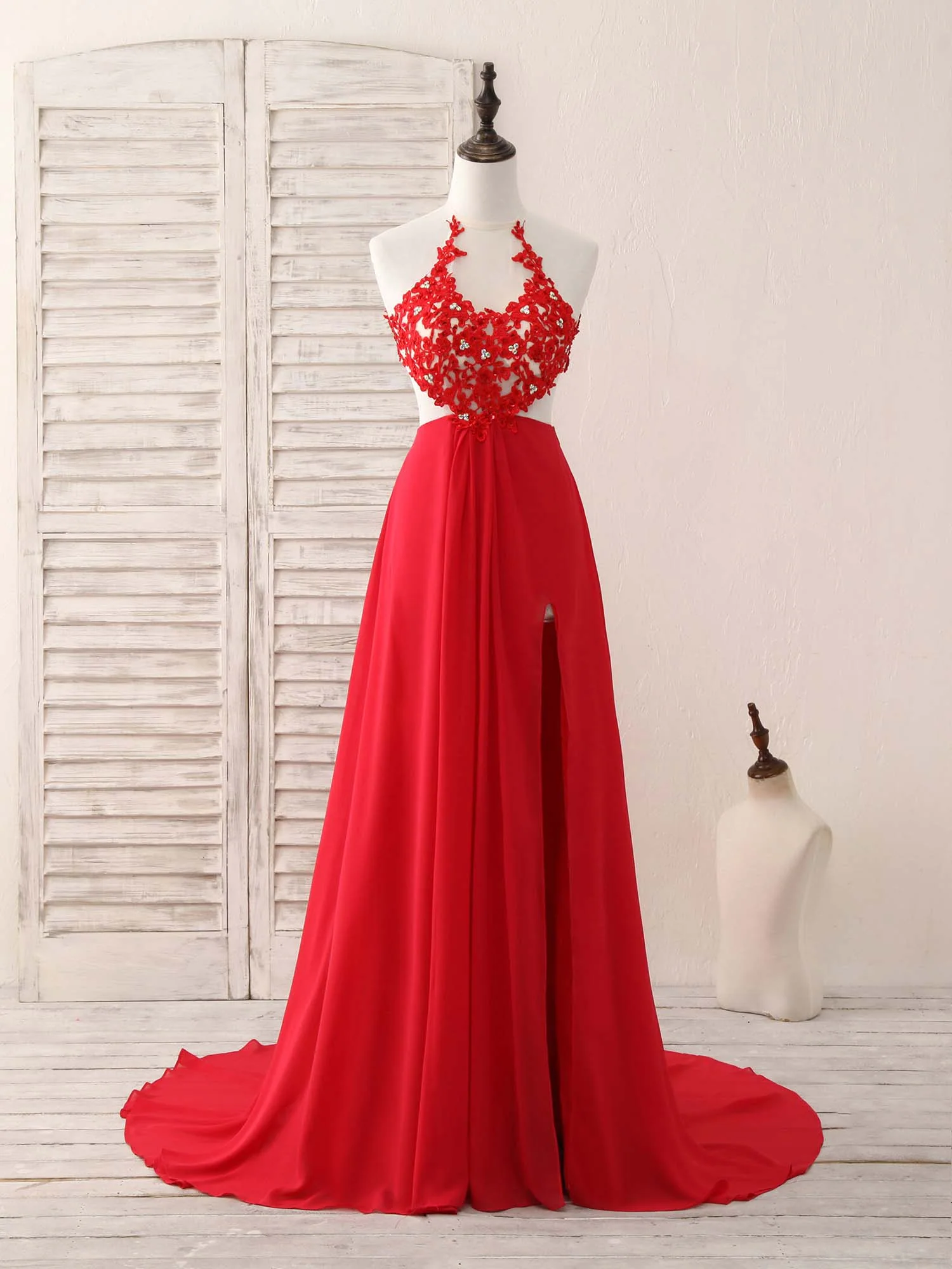 Red Hight Neck Chiffon Lace Applique Long Prom Dress, Red Formal Dress - Deanwangkt
