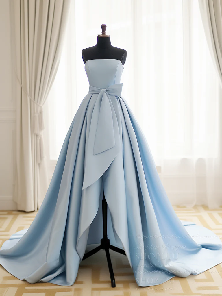 A-Line Satin Blue Long Prom Dress, Blue Satin Long Formal Dress - Deanwangkt