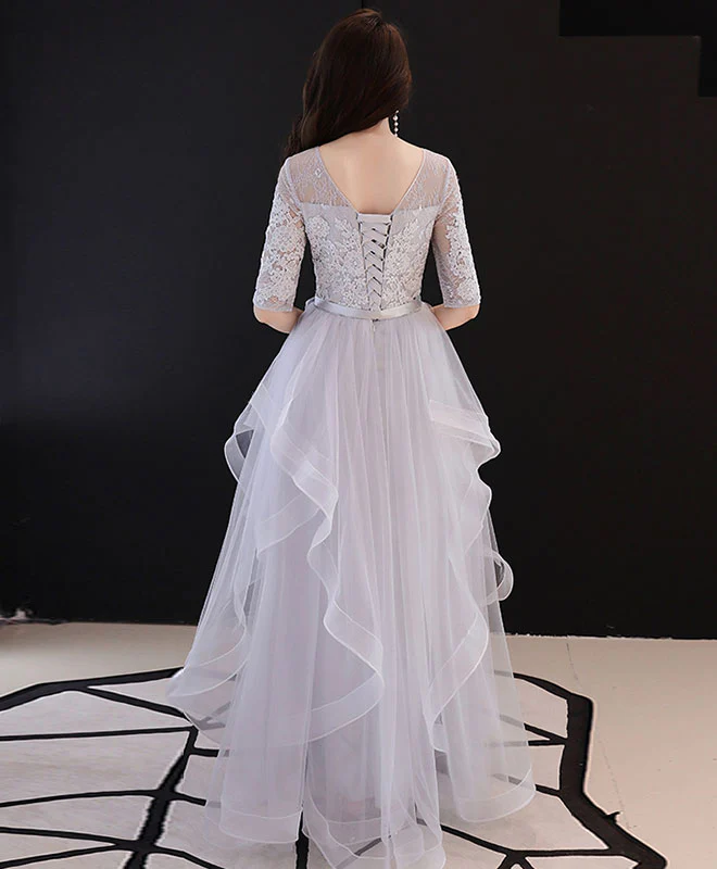 Gray Tulle Lace Long Prom Dress, Gray Tulle Formal Graduation Dress - Deanwangkt