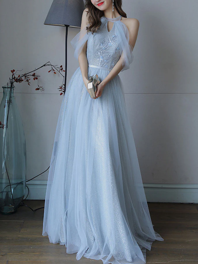 Simple Light Blue Tulle Lace Long Prom Dress, Lace Long Bridesmaid Dress - Deanwangkt
