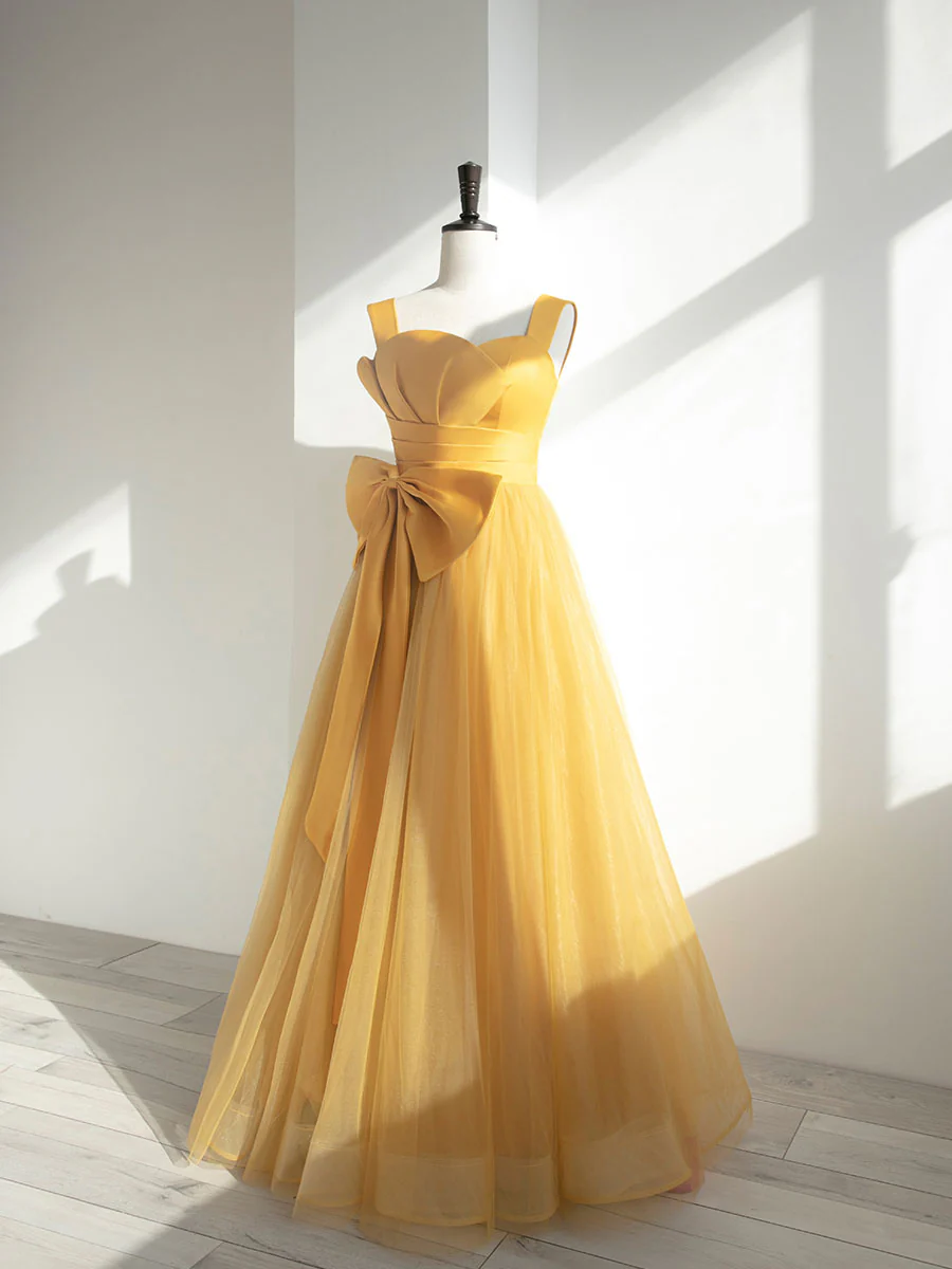 Simple Yellow Tulle Long Prom Dress, Yellow Formal Bridesmaid Dresses - Deanwangkt