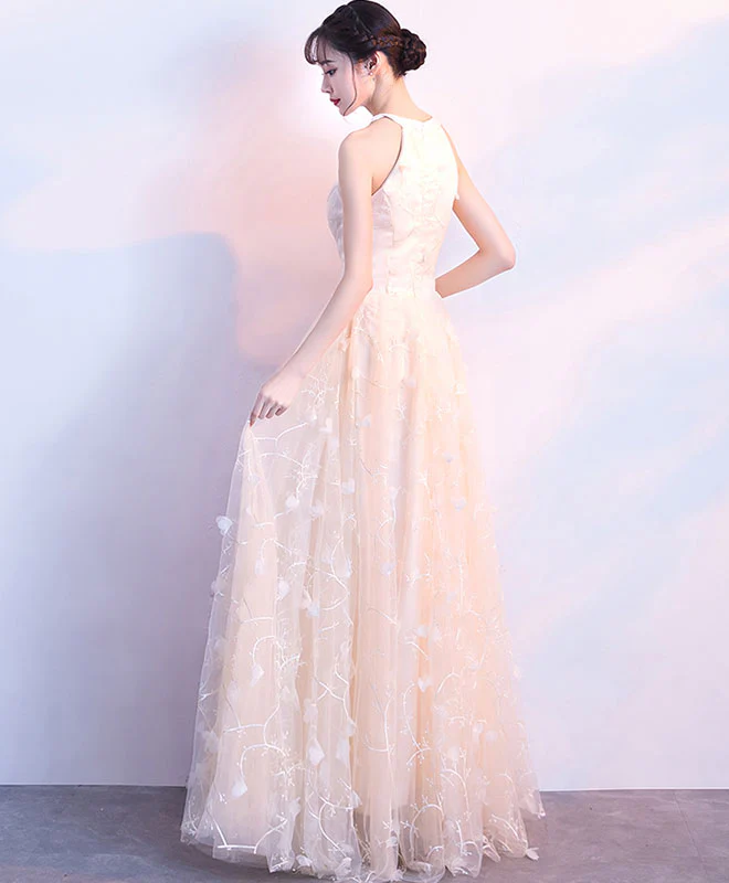 Champagne Lace Tulle Long Prom Dress, Champagne Evening Dress - Deanwangkt