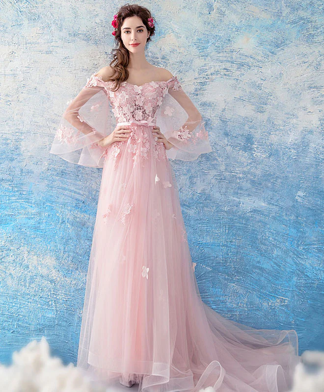 Pink Tulle Lace Long Prom Dress, Pink Evening Dress - Deanwangkt