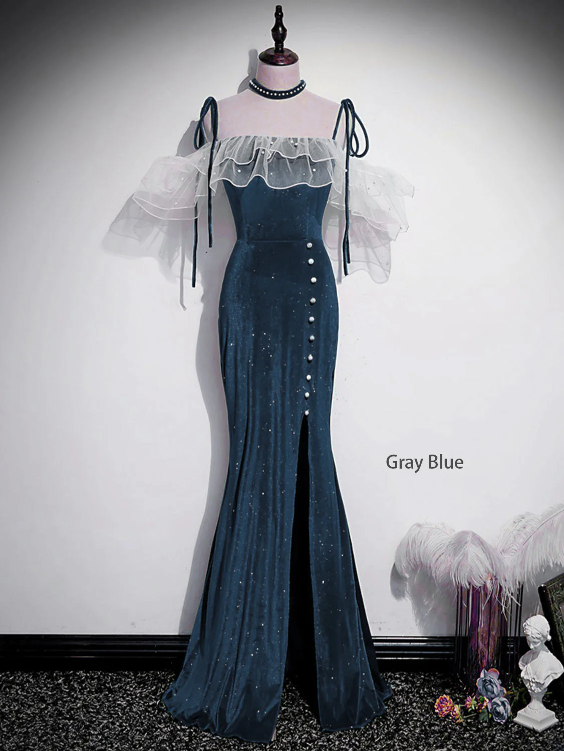 Dark Blue Mermaid Velvet Long Prom Dresses, Blue Formal Evening Dress - Deanwangkt