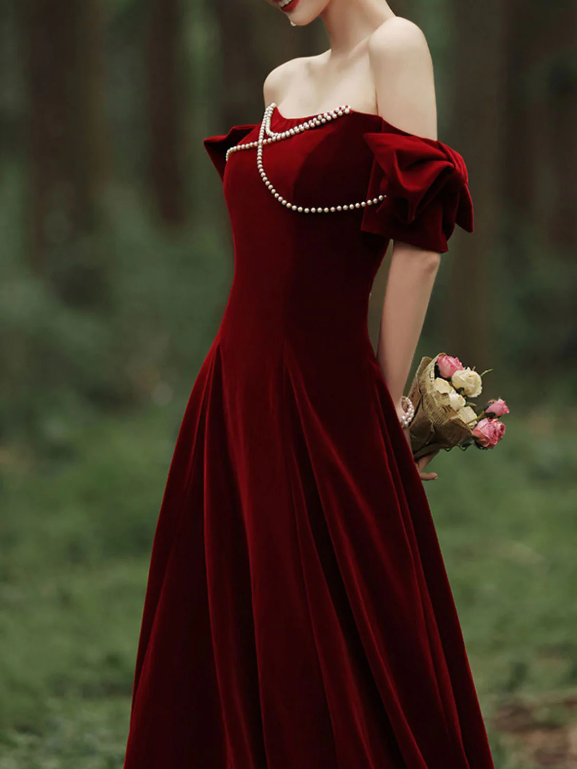 Velvet A Line Burgundy Long Prom Dress, Burgundy Formal Evening Dresses - Deanwangkt