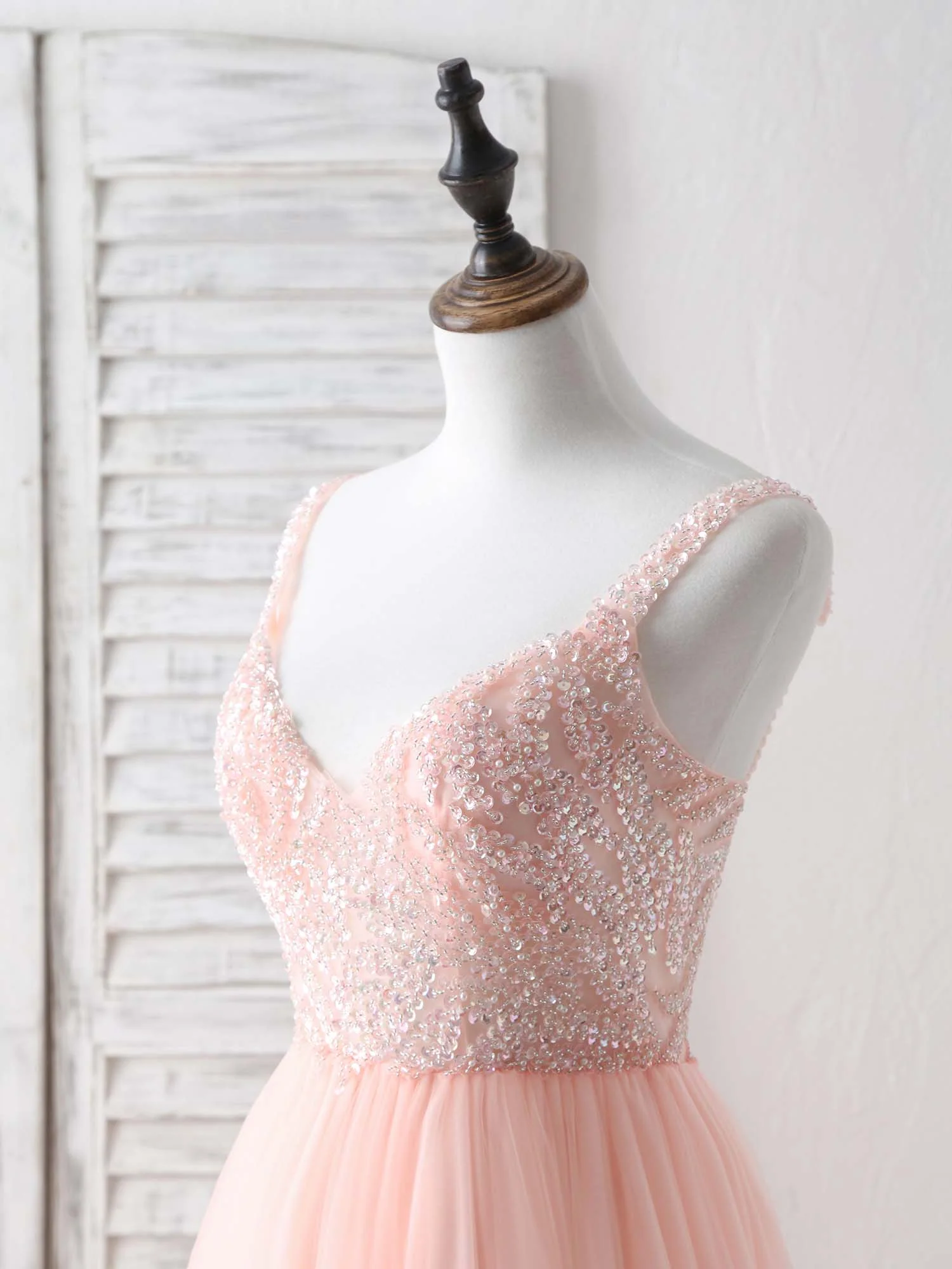 Unique Tulle Beads Long Prom Dress, Tulle Evening Dress - Deanwangkt