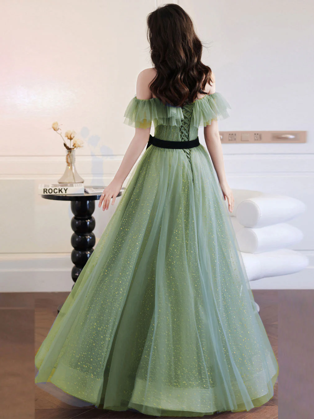 A line Green Long Prom Dresses, Green Tulle Formal Graduation Party Dress - Deanwangkt