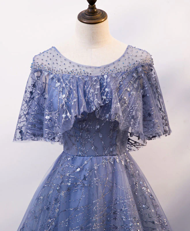 Unique Round Neck Tulle Lace Long Prom Dress Blue Lace Evening Dress - Deanwangkt