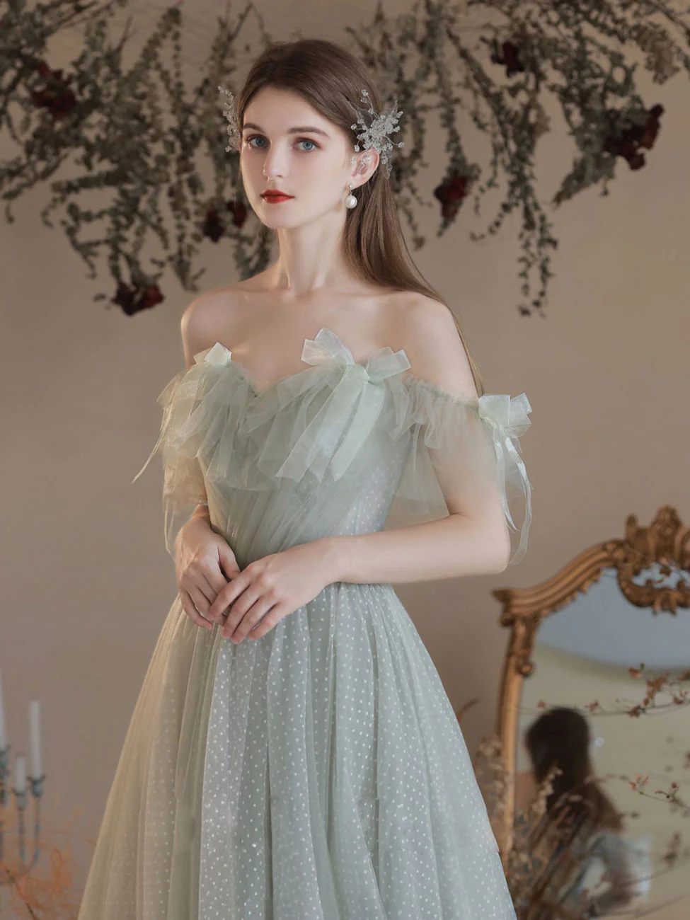 Green A Line Tulle Long Prom Dresses, Green Formal Graduation Dress - Deanwangkt