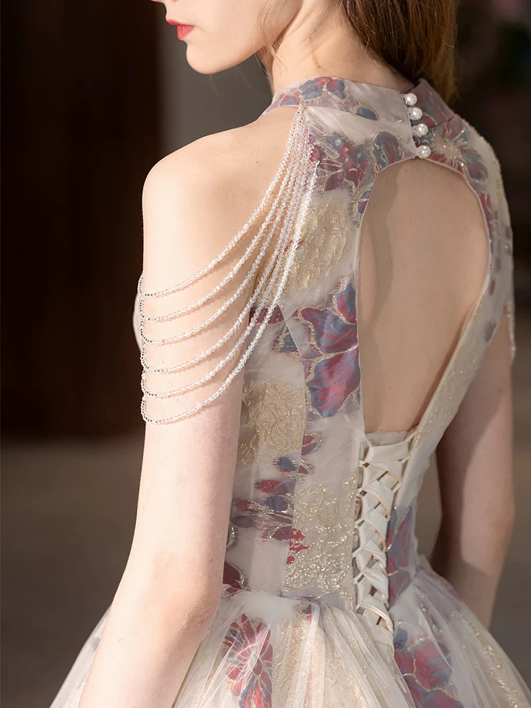 A-Line Tulle Lace Light Champagne Long Prom Dress, Lace Long Evening Dress - Deanwangkt