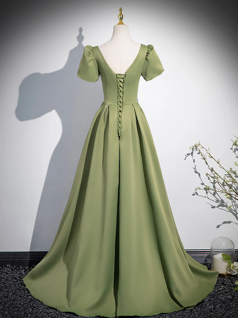 A-Line Short Sleeve Satin Green Long Prom Dress, Green Long Formal Dress - Deanwangkt