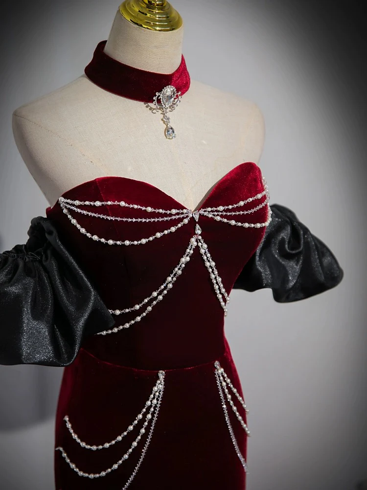 Trumpet/Mermaid Velvet Burgundy Long Prom Dress with Beads - Deanwangkt