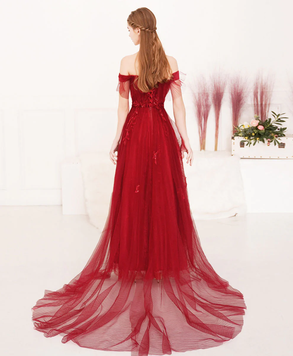 Burgundy Tulle Lace Long Prom Dress Burgundy Evening Dress - Deanwangkt