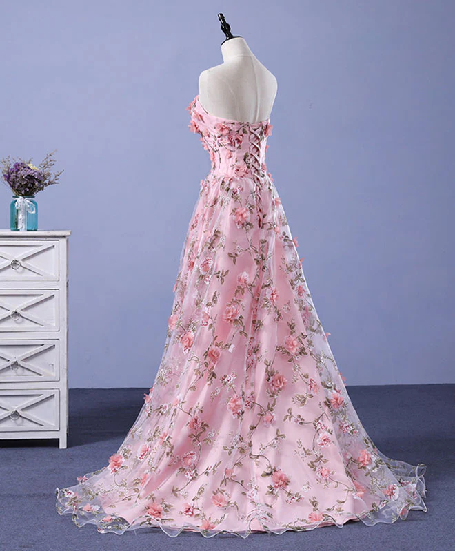 Pink Tulle 3D Flowers Long Prom Dress, Pink Long Graduation Dresses - Deanwangkt