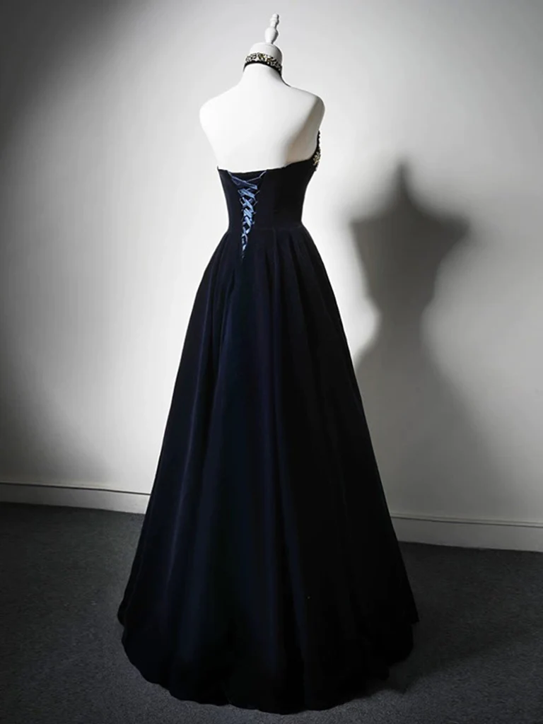 Simple A-Line Velvet Dark Blue Long Prom Dress with Beads - Deanwangkt