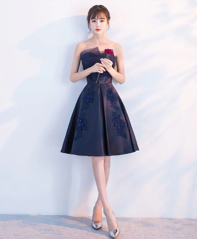 Dark Blue Lace Short Prom Dress, Blue Lace Homecoming Dress - Deanwangkt