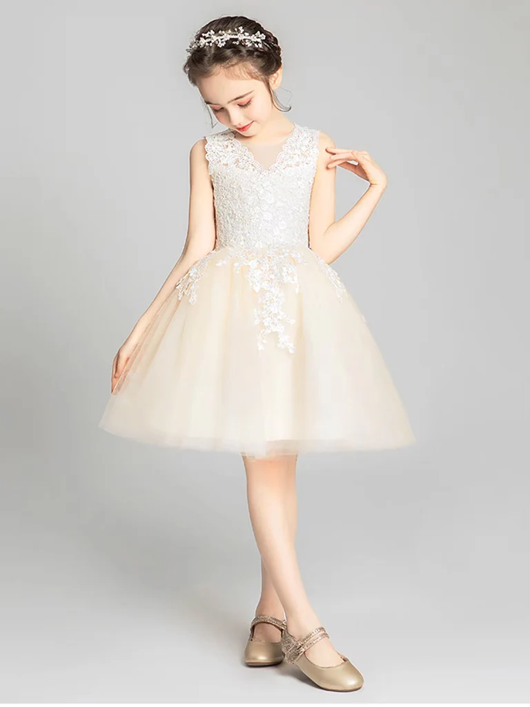 Champagne Tulle Lace Short Flower Girl Dress - Deanwangkt