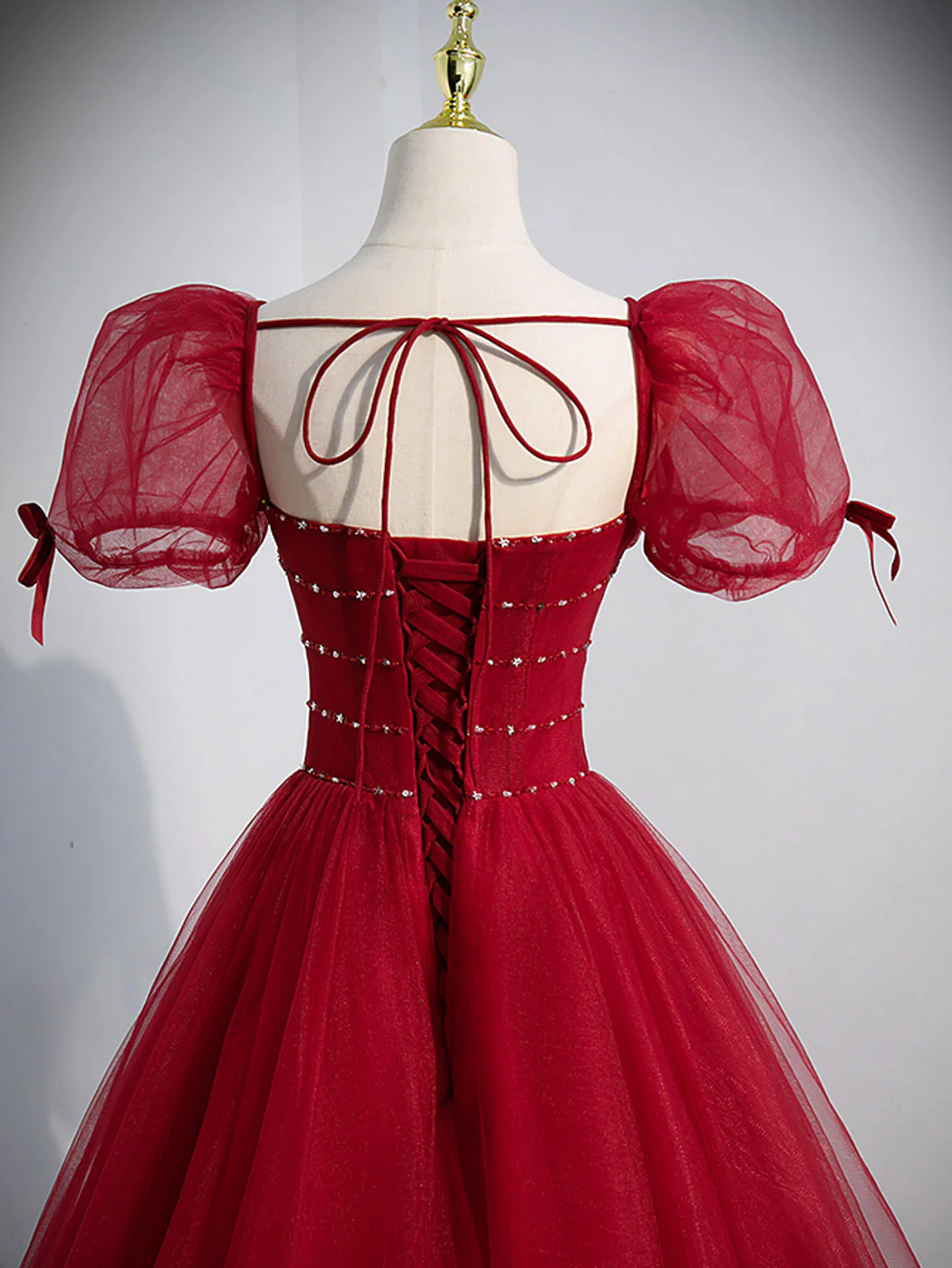 Burgundy Aline Tulle Beads Long Prom Dress, Burgundy Formal Dresses - Deanwangkt