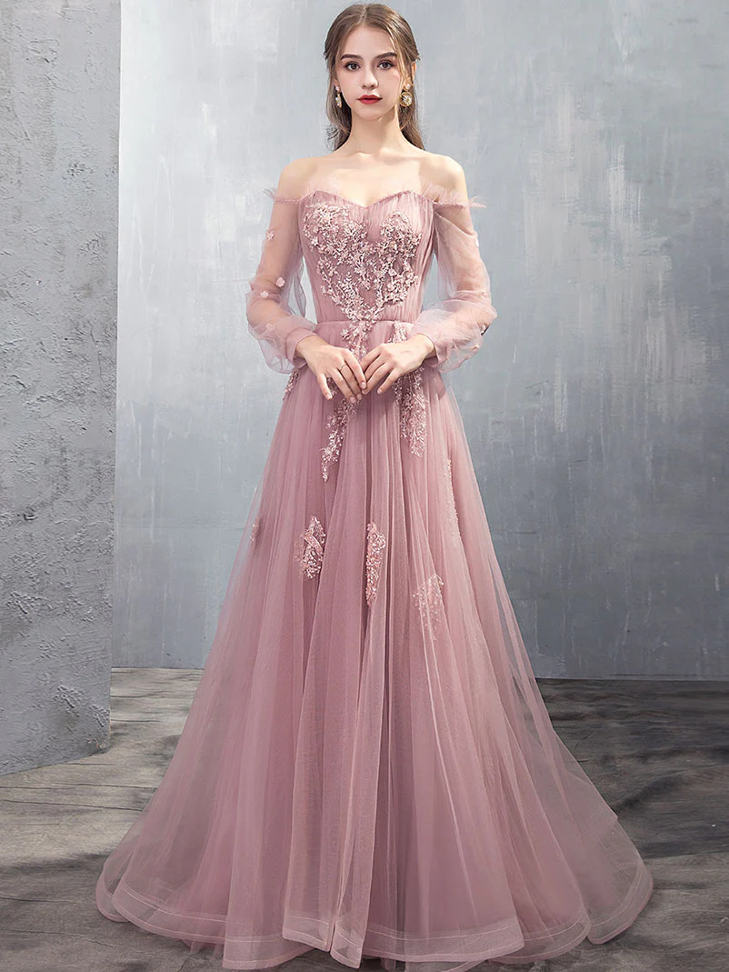 Pink A-line Tulle Lace Long Prom Dress Pink Lace Evening Dress - Deanwangkt