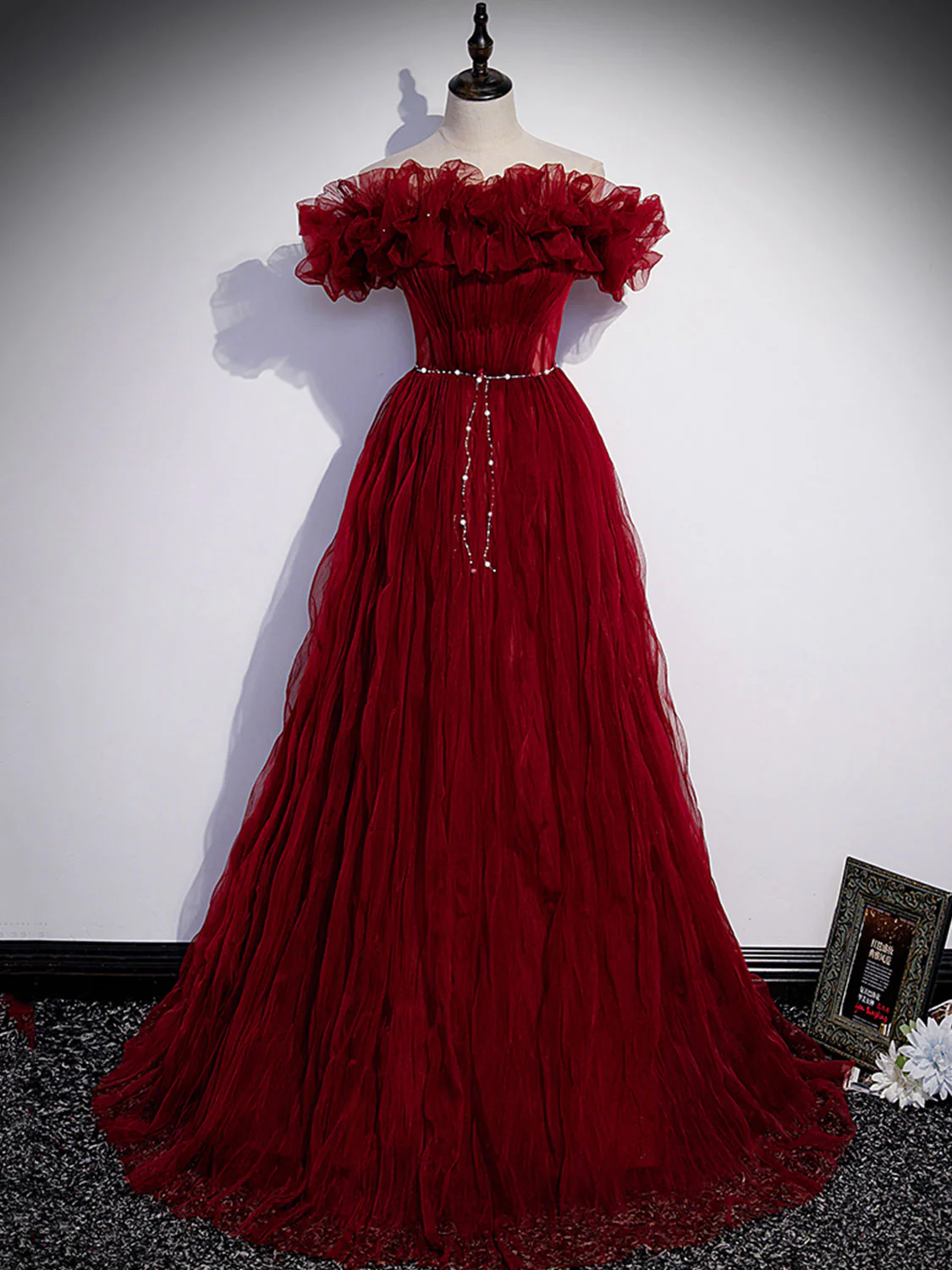 Burgundy Tulle Off Shoulder Long Prom Dress, Burgundy Evening Dress - Deanwangkt