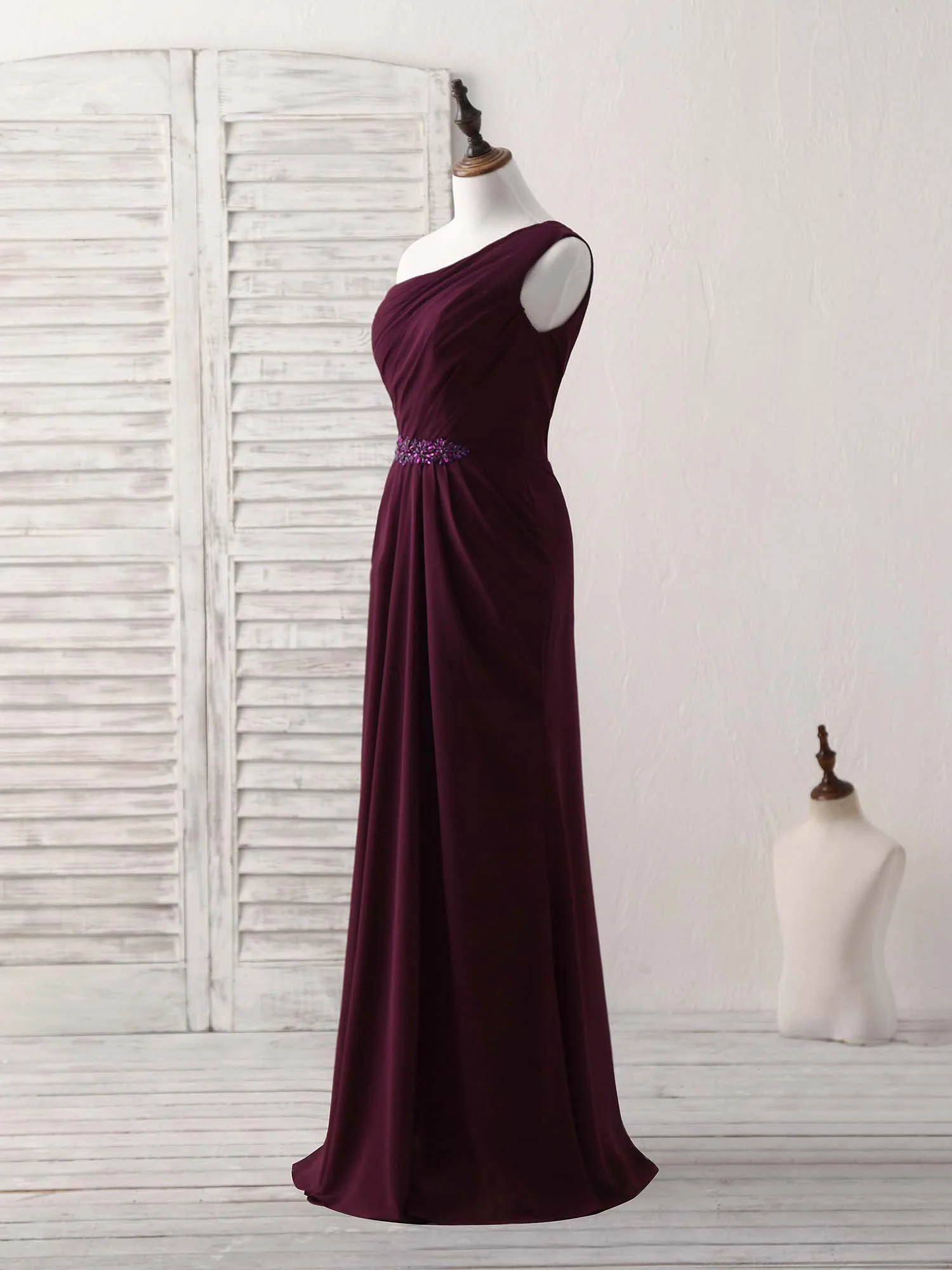 Burgundy One Shoulder Chiffon Mermaid Long Prom Dresses - Deanwangkt