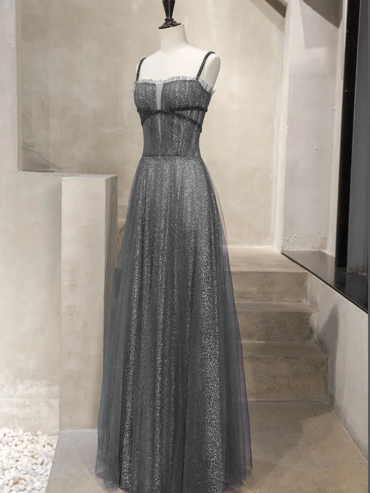 Unique Tulle Sequin Long Prom Dress, Tulle Sequin Graduation Dresses - Deanwangkt