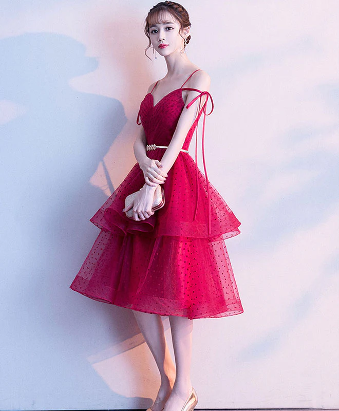 Burgundy Sweetheart Neck Tulle Short Prom Dress, Burgundy Homecoming Dress - Deanwangkt