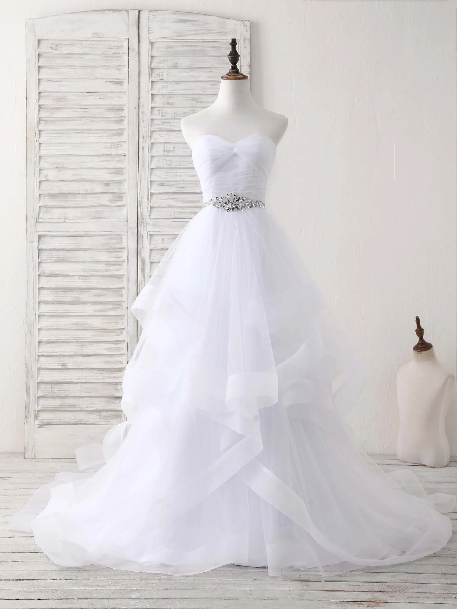 White Sweetheart Neck Tulle Long Prom Dress, White Formal Graduation Dress - Deanwangkt