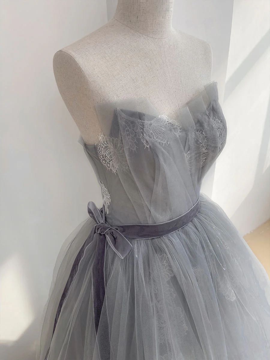 Gray Tulle Lace Long Prom Dress, Gray Ball Gown Formal Dresses - Deanwangkt