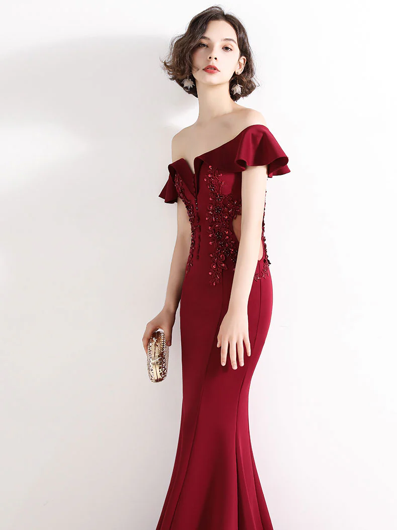 Burgundy Off Shoulder Satin Lace Long Prom Dress, Burgundy Evening Dresses - Deanwangkt