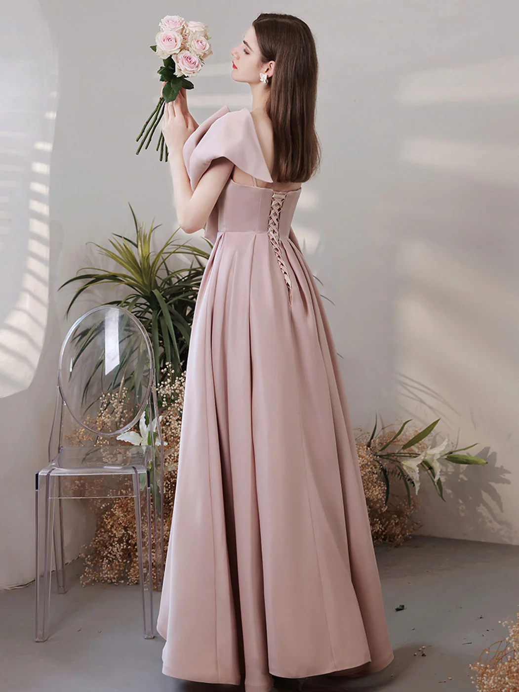 A Line Pink Long Prom Dress, Pink Formal Bridesmaid Party Dresses - Deanwangkt