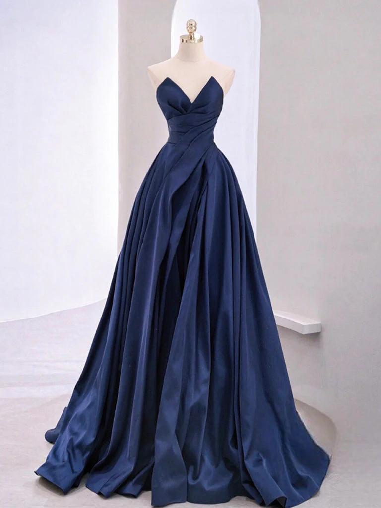 A-Line V Neck Satin Dark Blue Long Prom Dress, Blue Long Formal Dress - Deanwangkt