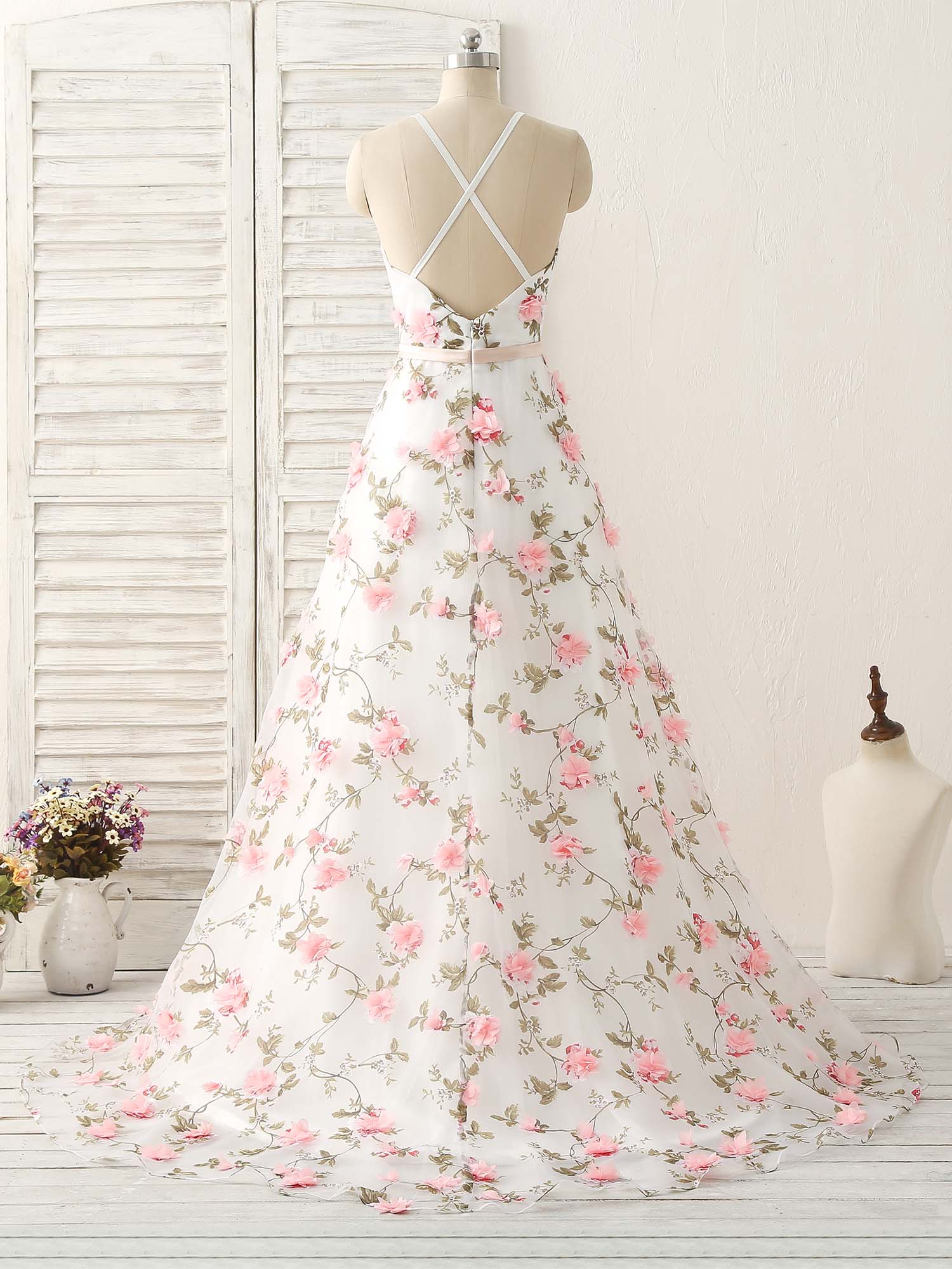 White V Neck 3D Applique Tulle Long Prom Dress White Evening Dress - Deanwangkt