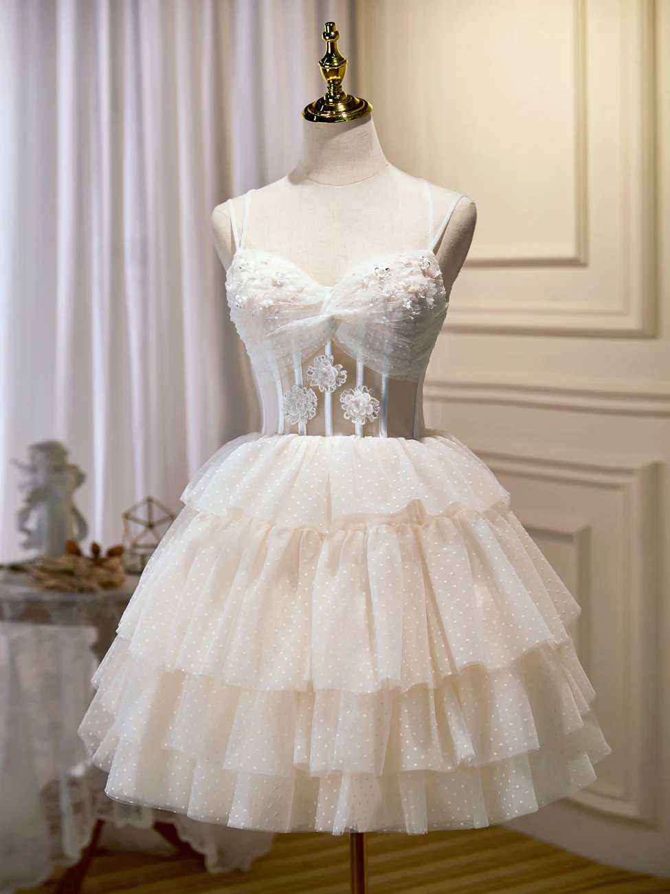 Champagne Mini/Short Prom Dress, Puffy Cute Homecoming Dress With Lace - Deanwangkt