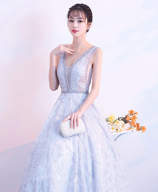 Gray V Neck Lace Long Prom Dress, Gray Evening Dress - Deanwangkt