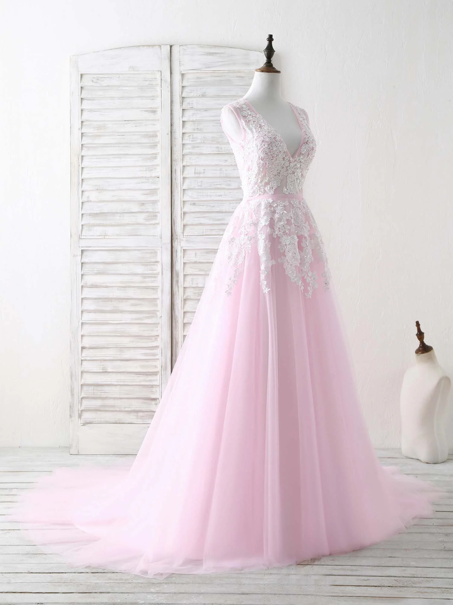 Pink V Neck Tulle Lace Applique Long Prom Dress Pink Evening Dress - Deanwangkt