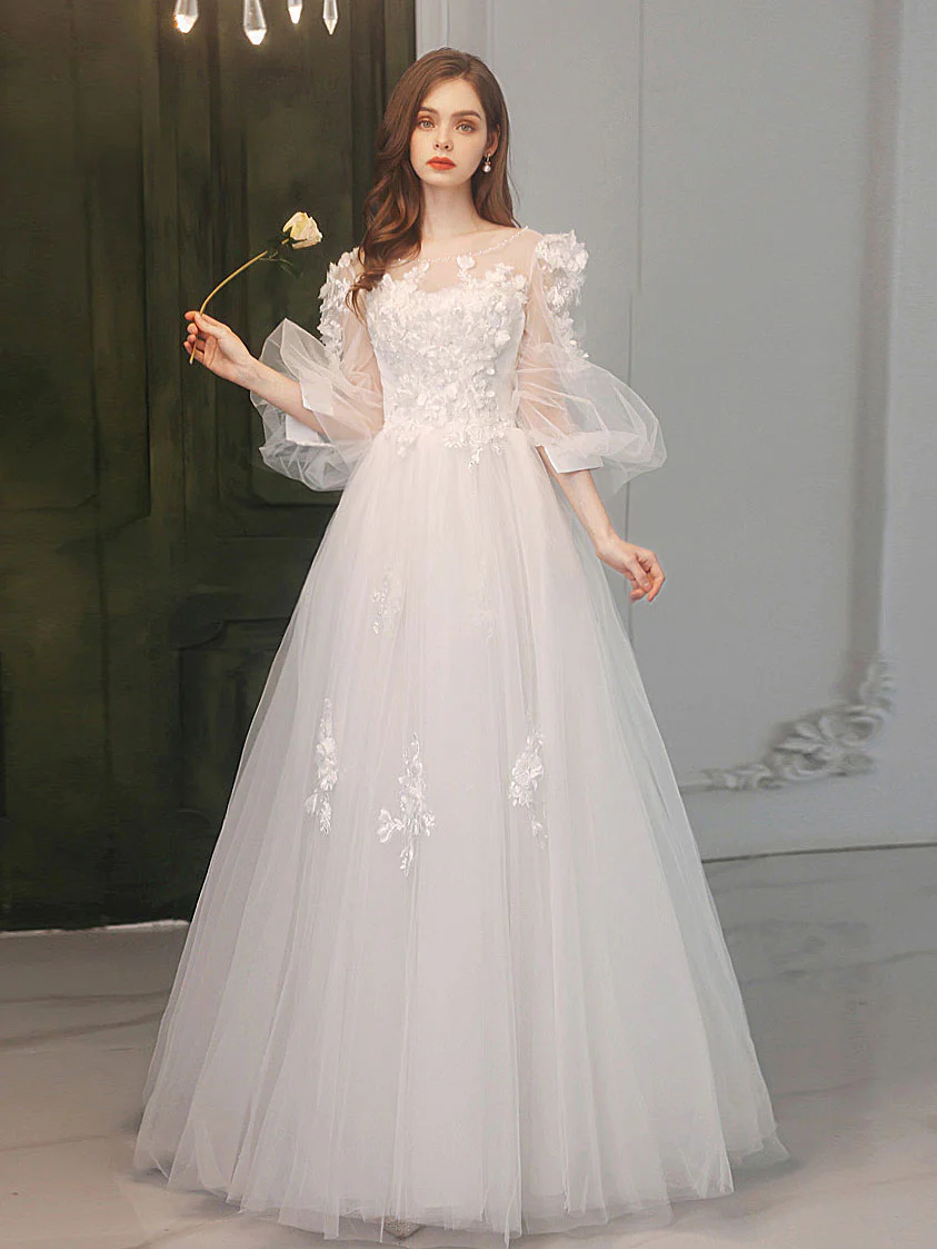 A-Line Round Neck White Tulle Lace Long Prom Dress, White Formal Dress - Deanwangkt
