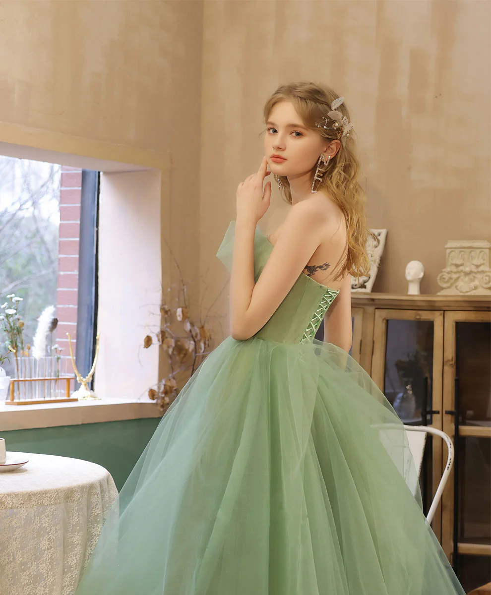 Aline Tulle Tea Length Green Prom Dress, Green Puffy Homecoming Dresses with Lace Applique Beading - Deanwangkt