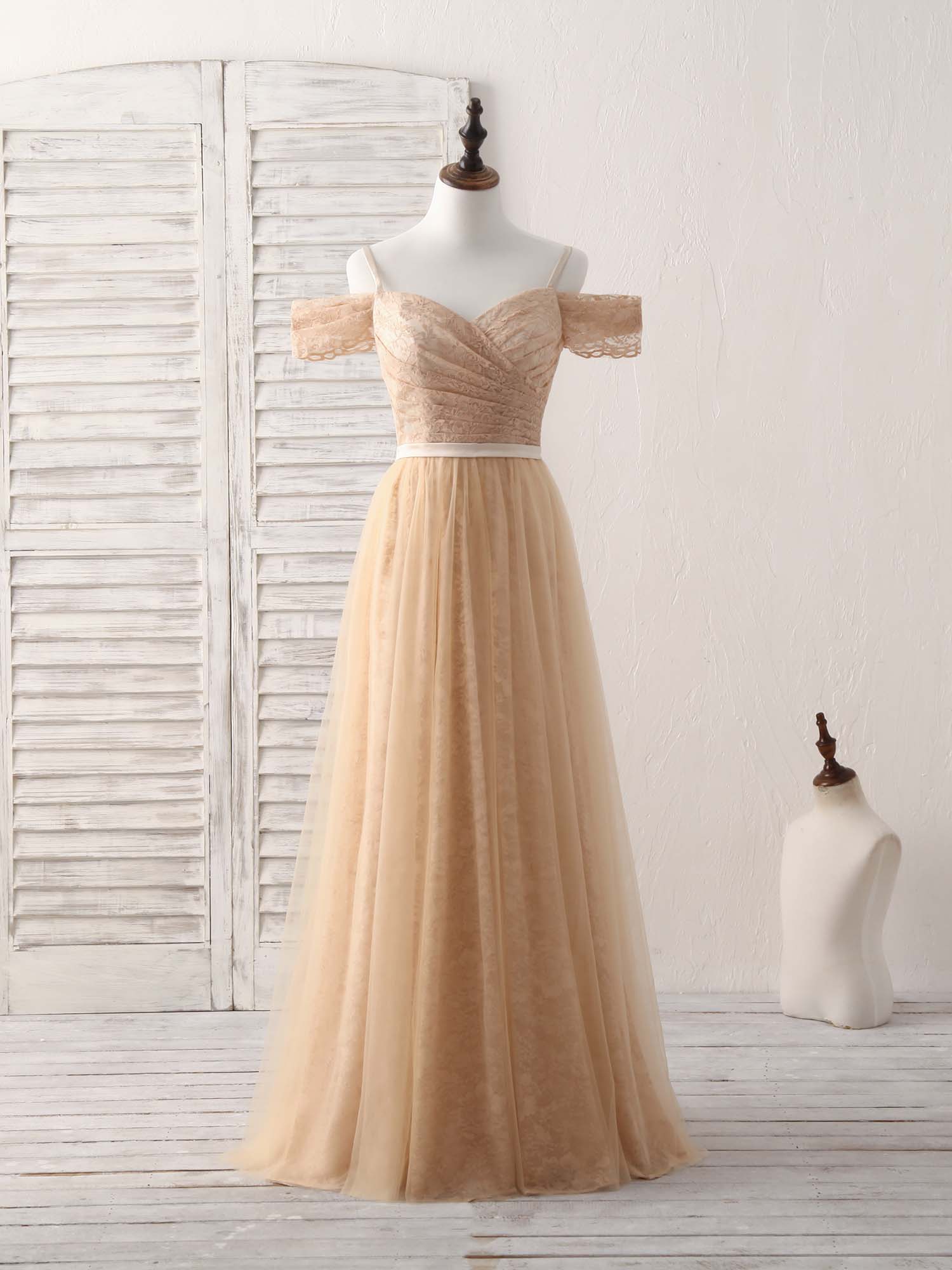 Champagne Tulle Long Bridesmaid Dress, Champagne Prom Dresses - Deanwangkt