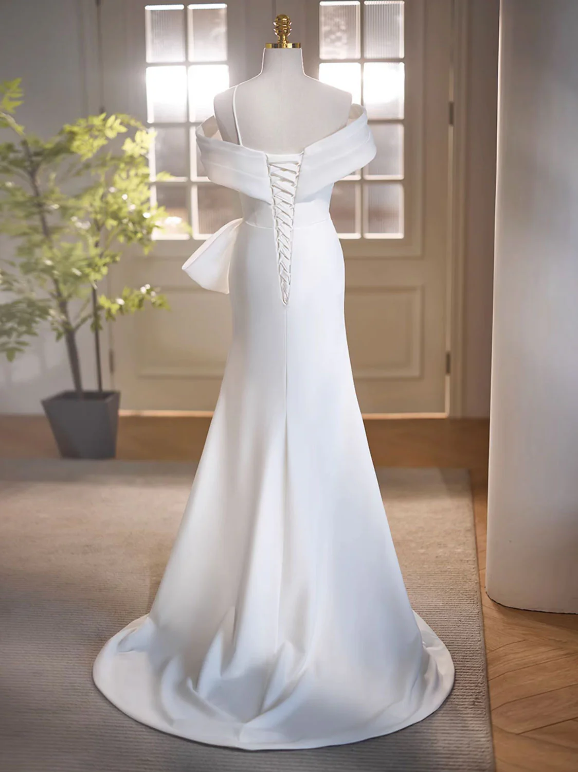 White Off Shoulder Satin Long Prom Dress, White Formal Dress - Deanwangkt