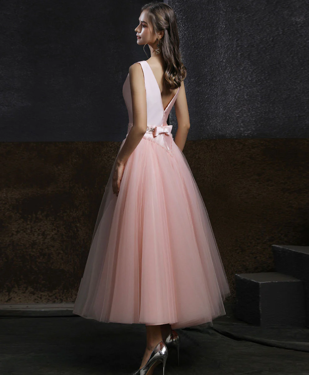 Aline Round Neck Tulle Short Pink Prom Dress, Aline Pink Tulle Bridesmaid Dress - Deanwangkt