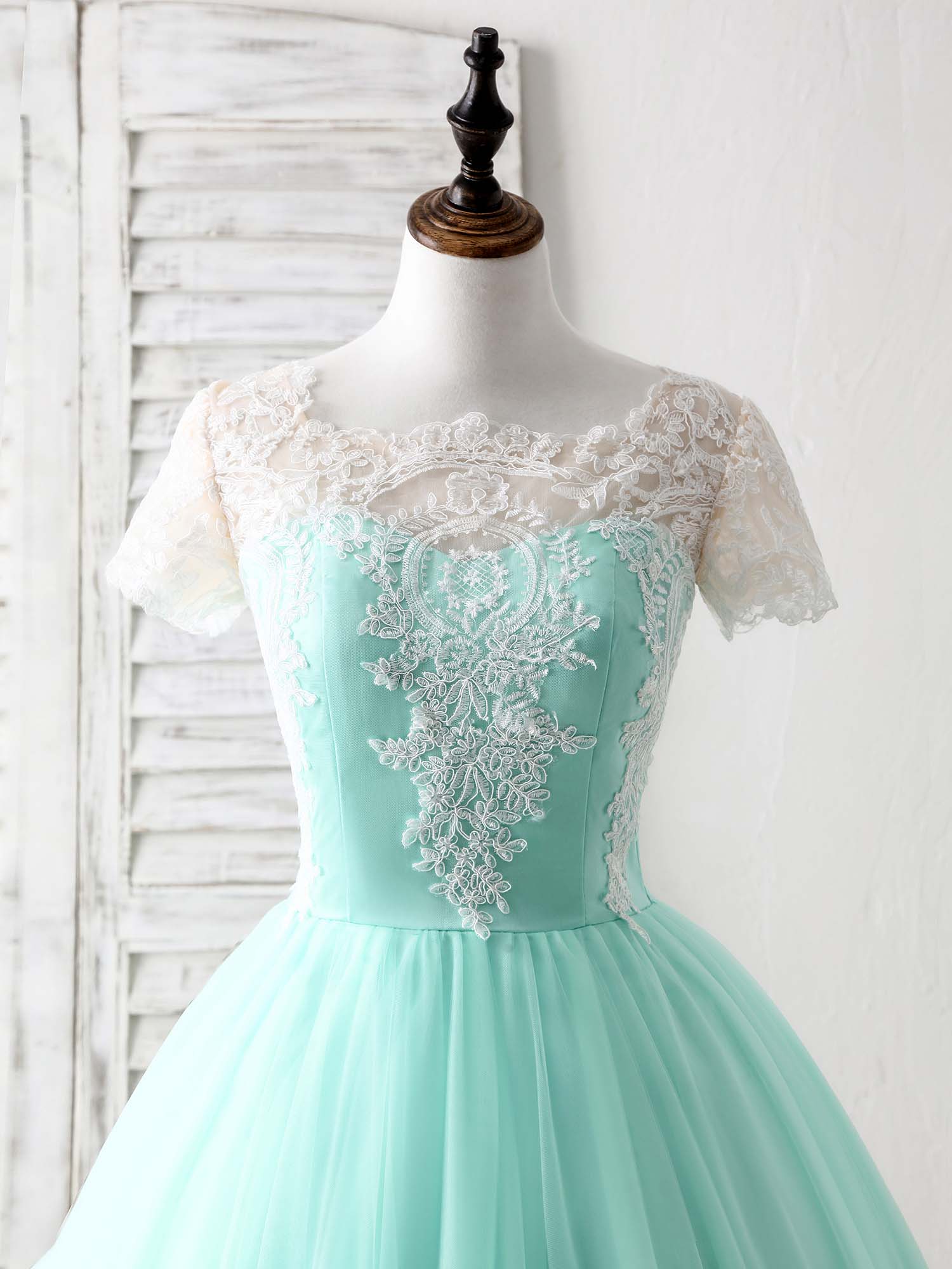 Green Round Neck Lace Applique Tulle Short Prom Dresses - Deanwangkt
